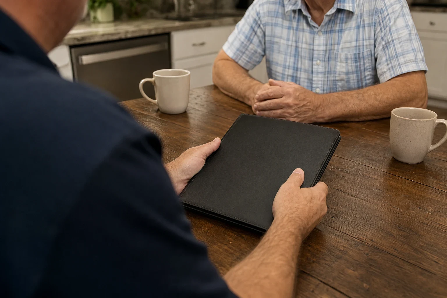Over-the-shoulder view of an agent holding a closed black folder at a wooden kitchen table across from an older man in a plaid shirt, two coffee mugs on the table