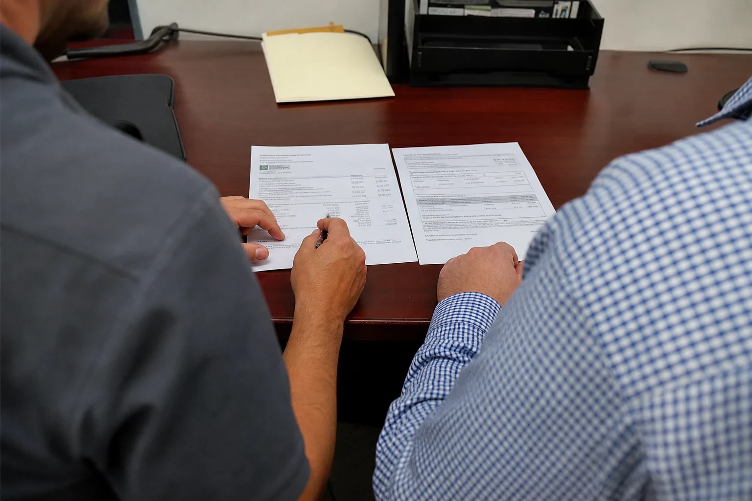 Over-the-shoulder view of two men at a wooden office desk reviewing two printed statements laid side by side, one pointing with a pen